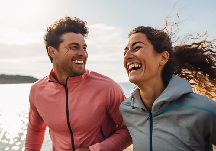 Photo of healthy happy couple jogging.